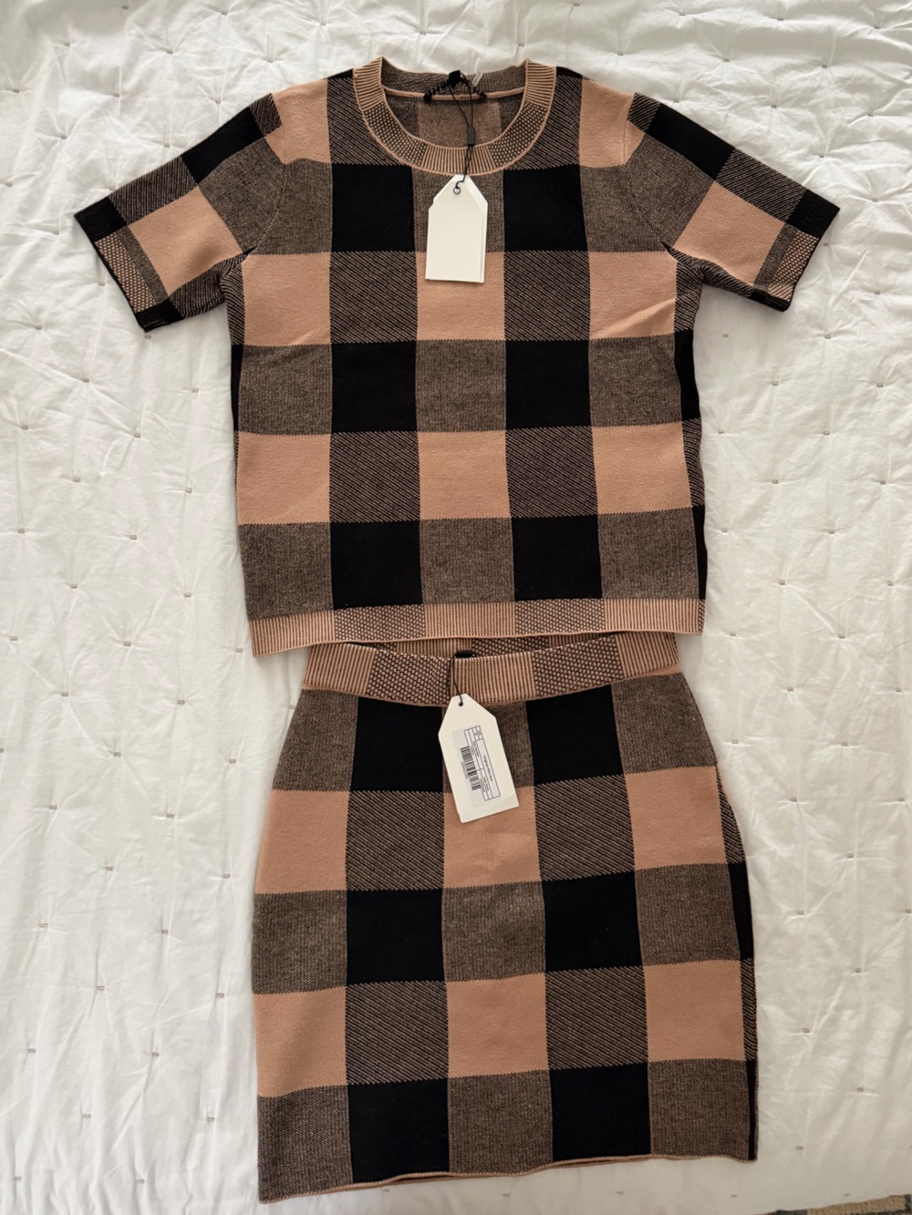 English Factory Gingham Knit Sweater Set - NWT! Brown & Black Gingham Check skir